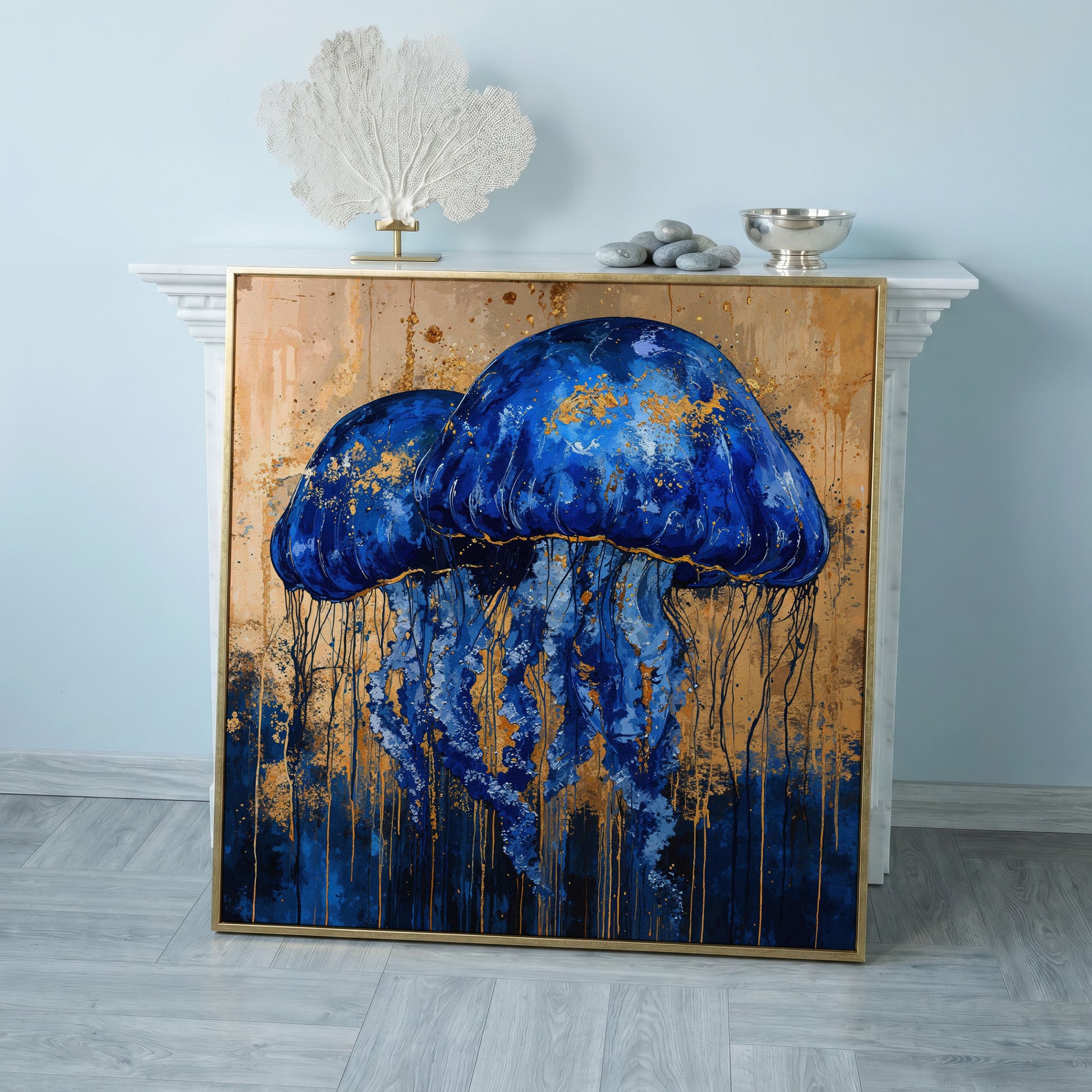 Mystical Jellyfishes Canvas in rose gold floating frame