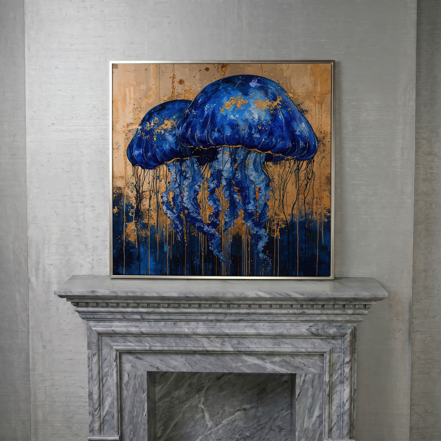 Mystical Jellyfishes Canvas in silver floating frame