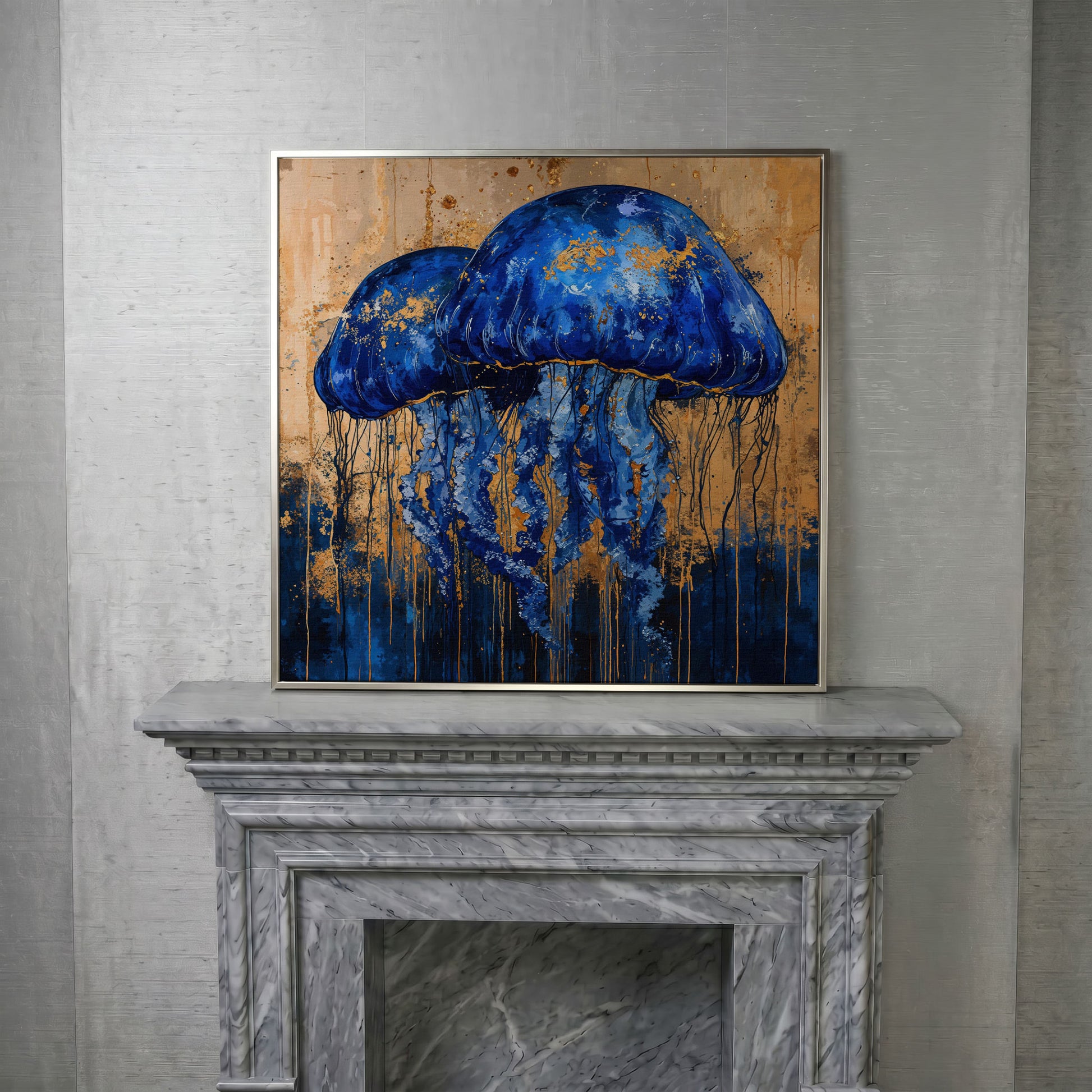 Mystical Jellyfishes Canvas in silver floating frame