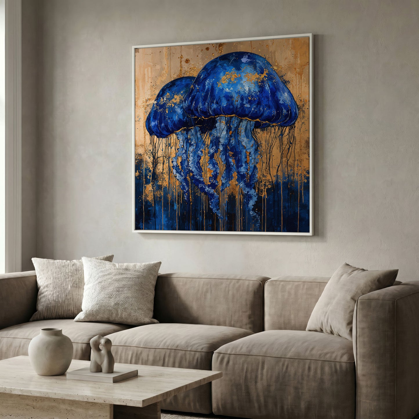 Mystical Jellyfishes Canvas in white floating frame