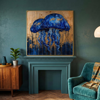 Mystical Jellyfishes Canvas in yellow gold floating frame