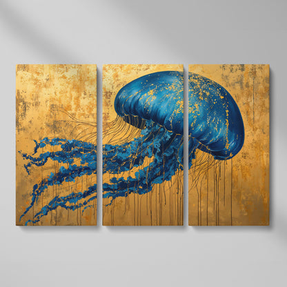 Blue Jellyfish with Gold Accents Canvas Art as 3-panel split version