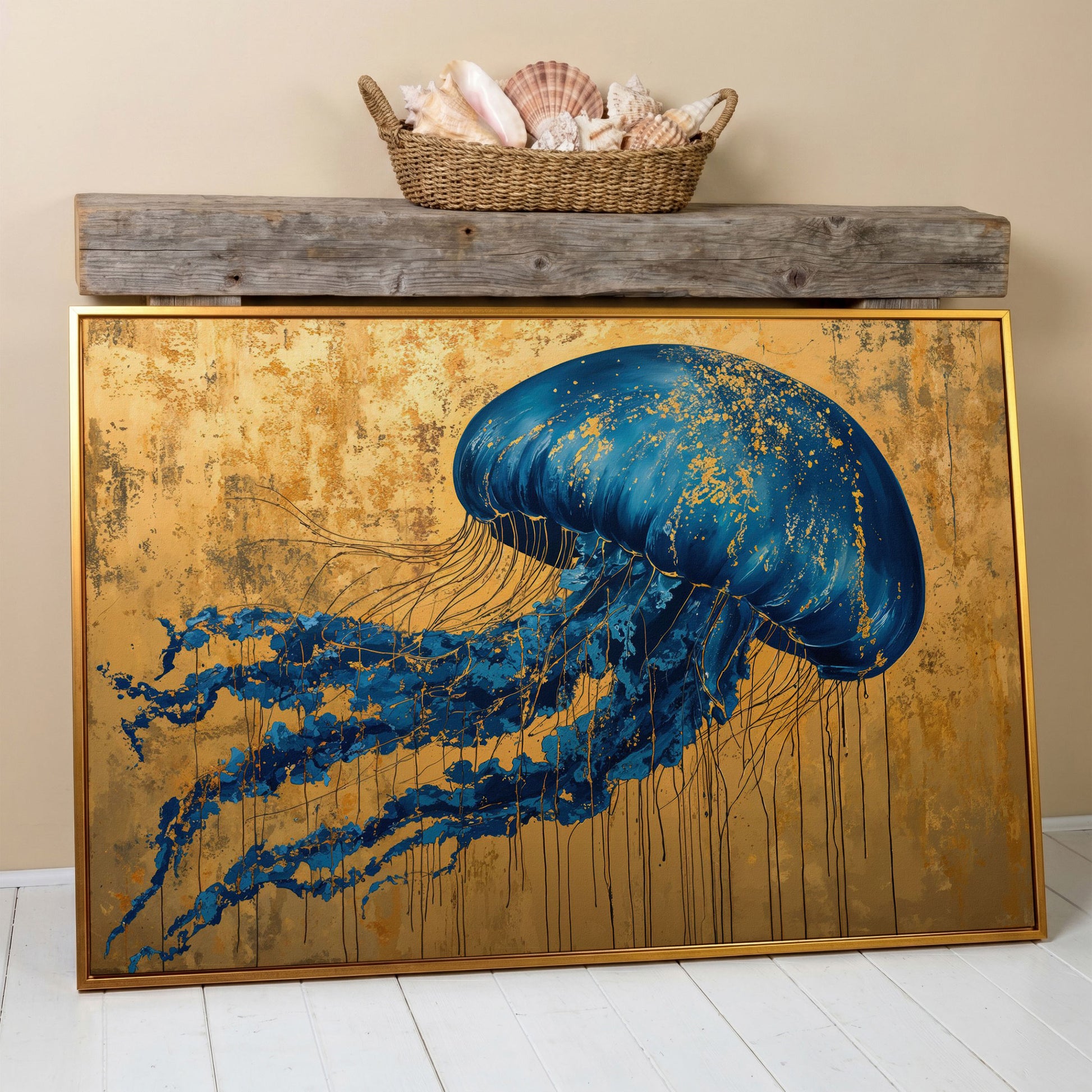 Blue Jellyfish with Gold Accents Canvas Art in antique gold floating frame