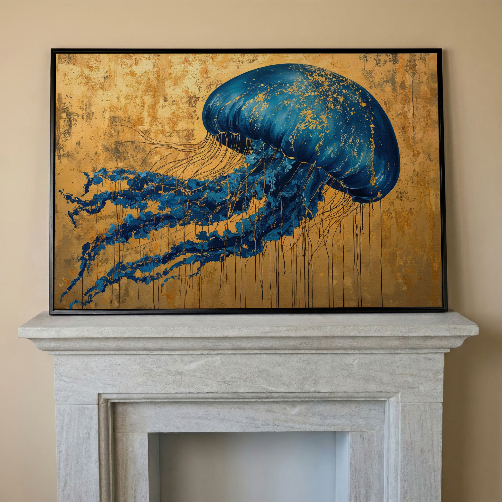 Blue Jellyfish with Gold Accents Canvas Art in black floating frame