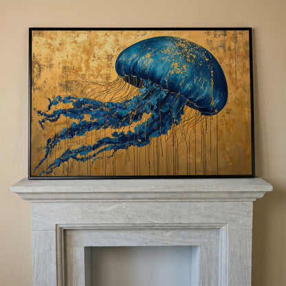 Blue Jellyfish with Gold Accents Canvas Art in black floating frame
