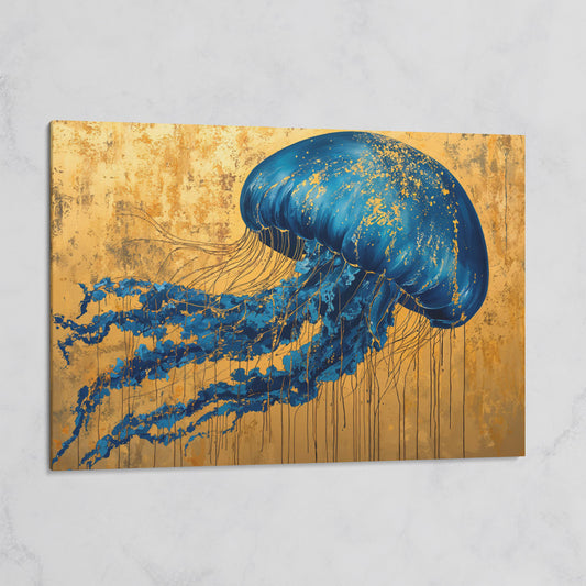 Blue Jellyfish with Gold Accents Canvas Art on gallery wrap