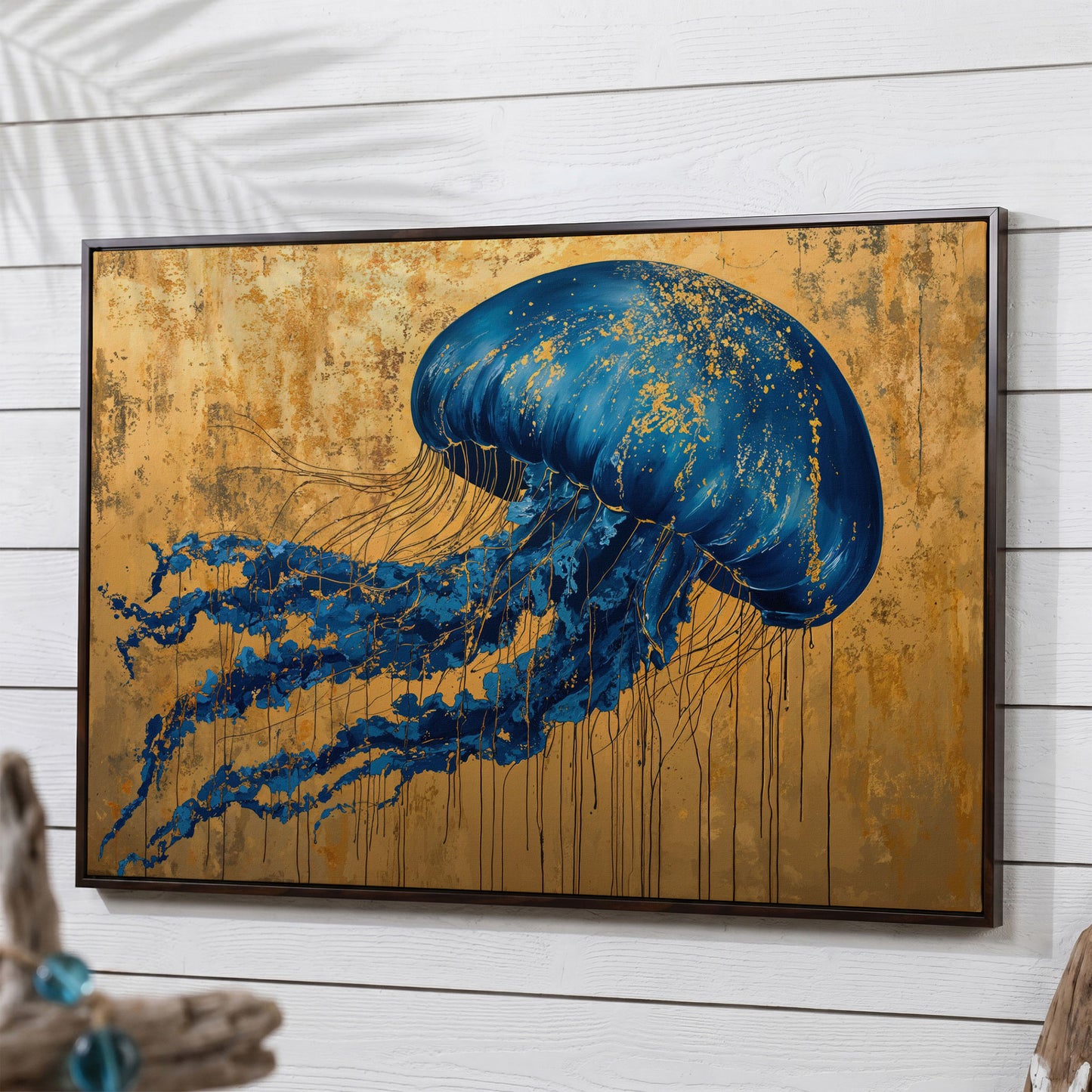 Blue Jellyfish with Gold Accents Canvas Art in dark walnut floating frame