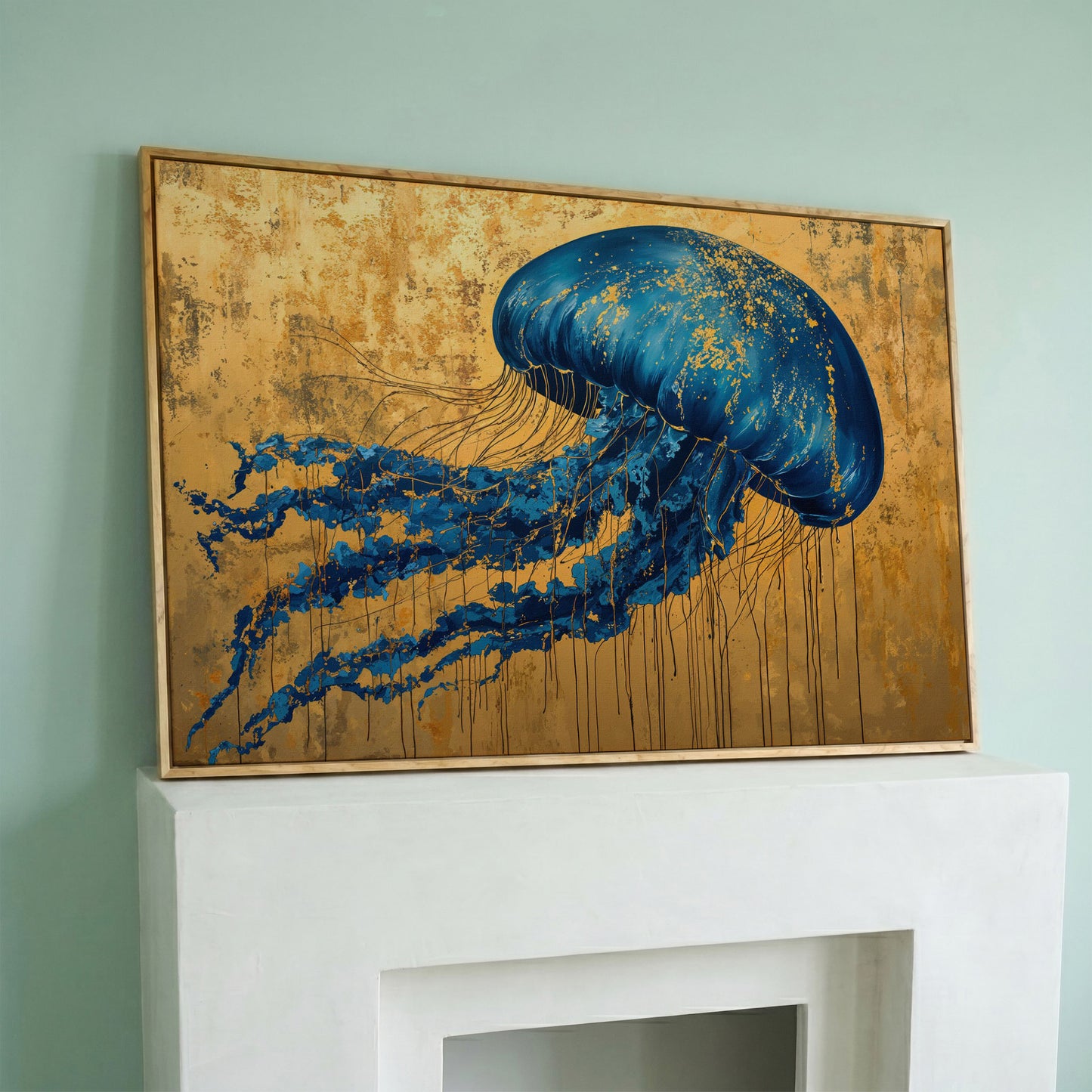 Blue Jellyfish with Gold Accents Canvas Art in white oak floating frame