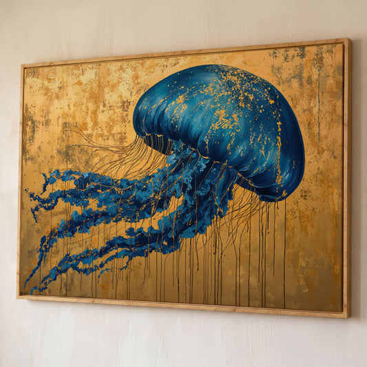 Blue Jellyfish with Gold Accents Canvas Art shown in white oak floating frame
