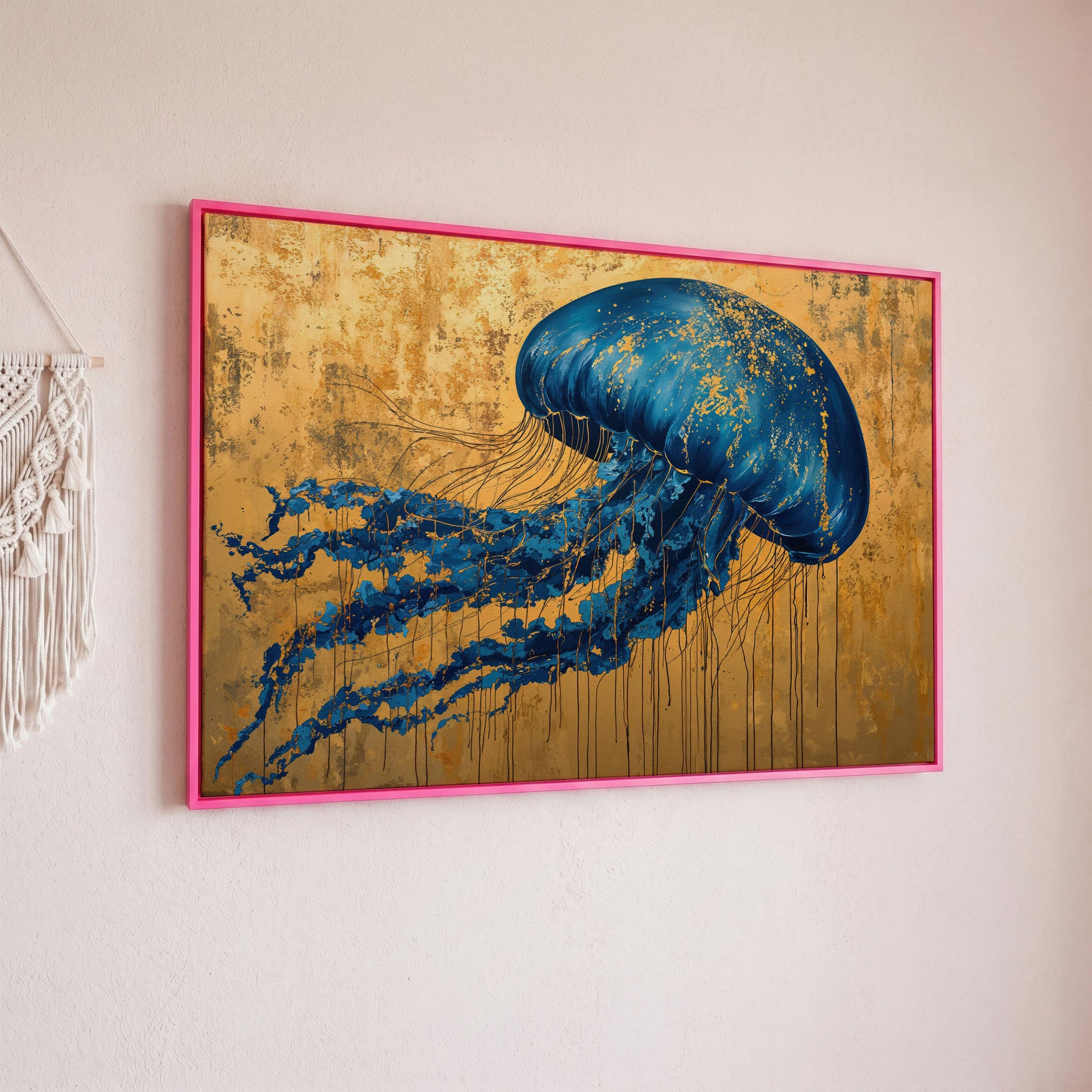 Blue Jellyfish with Gold Accents Canvas Art in pink floating frame