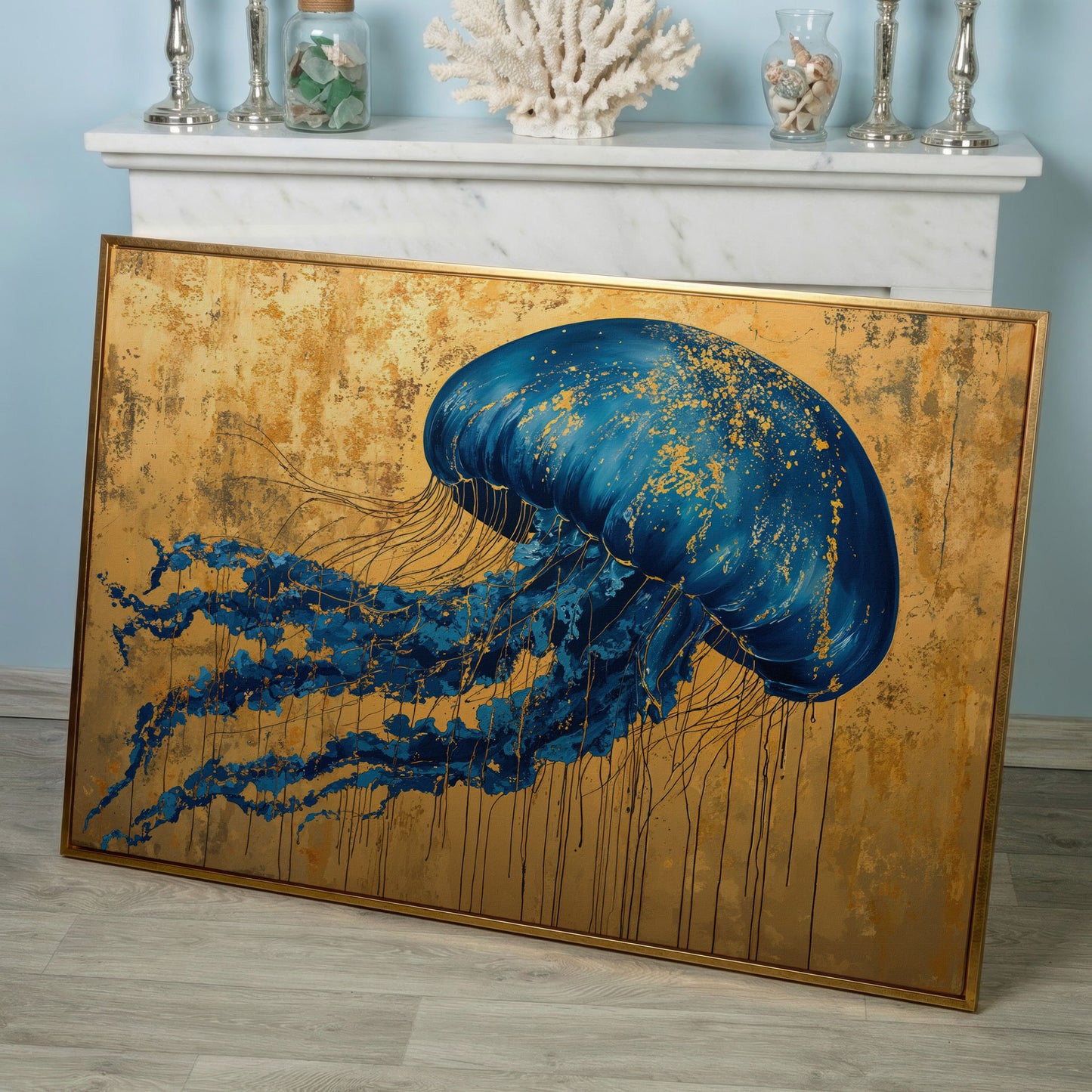 Blue Jellyfish with Gold Accents Canvas Art in rose gold floating frame