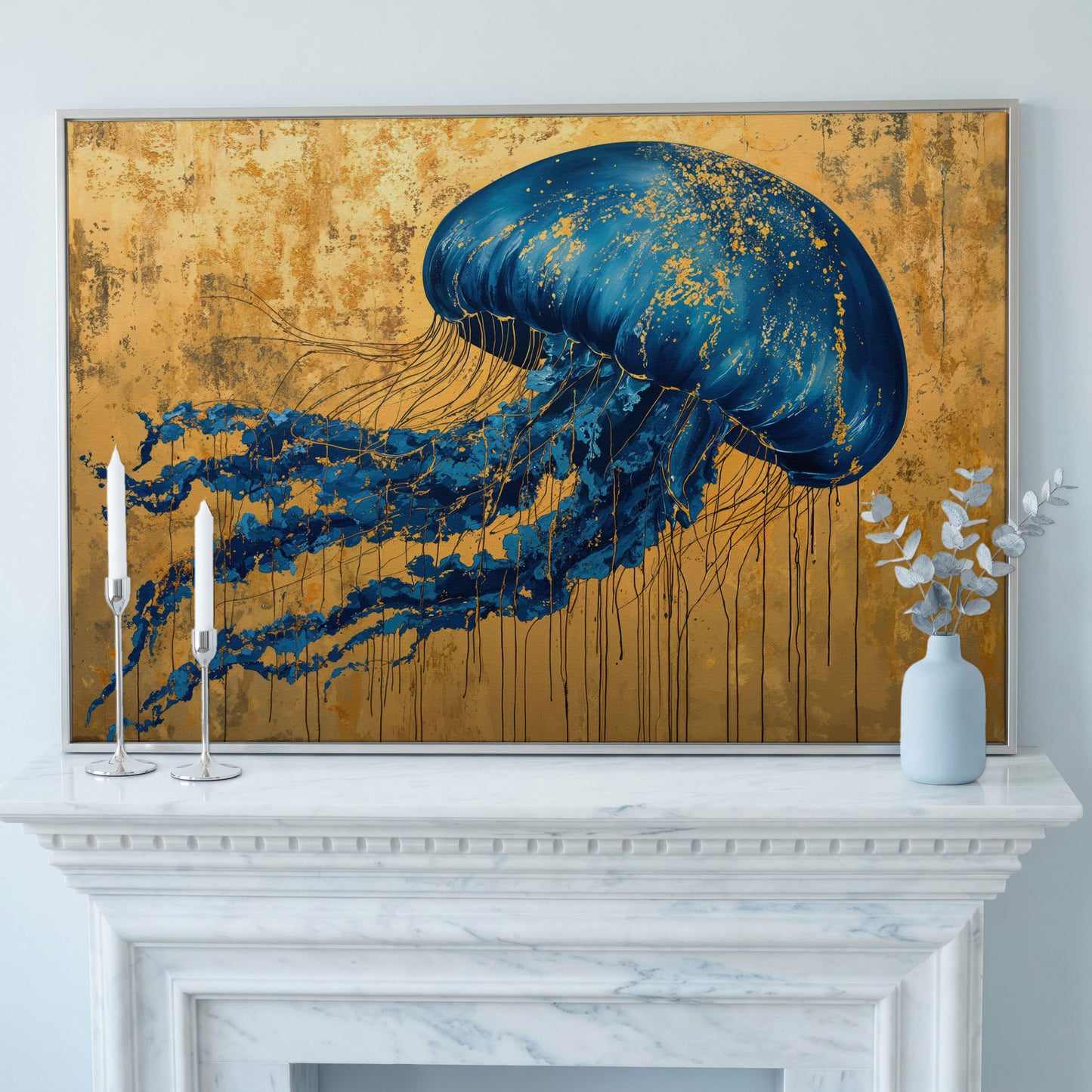 Blue Jellyfish with Gold Accents Canvas Art in silver floating frame