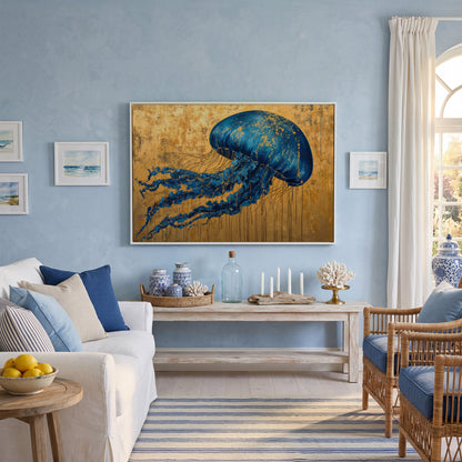 Blue Jellyfish with Gold Accents Canvas Art in white floating frame