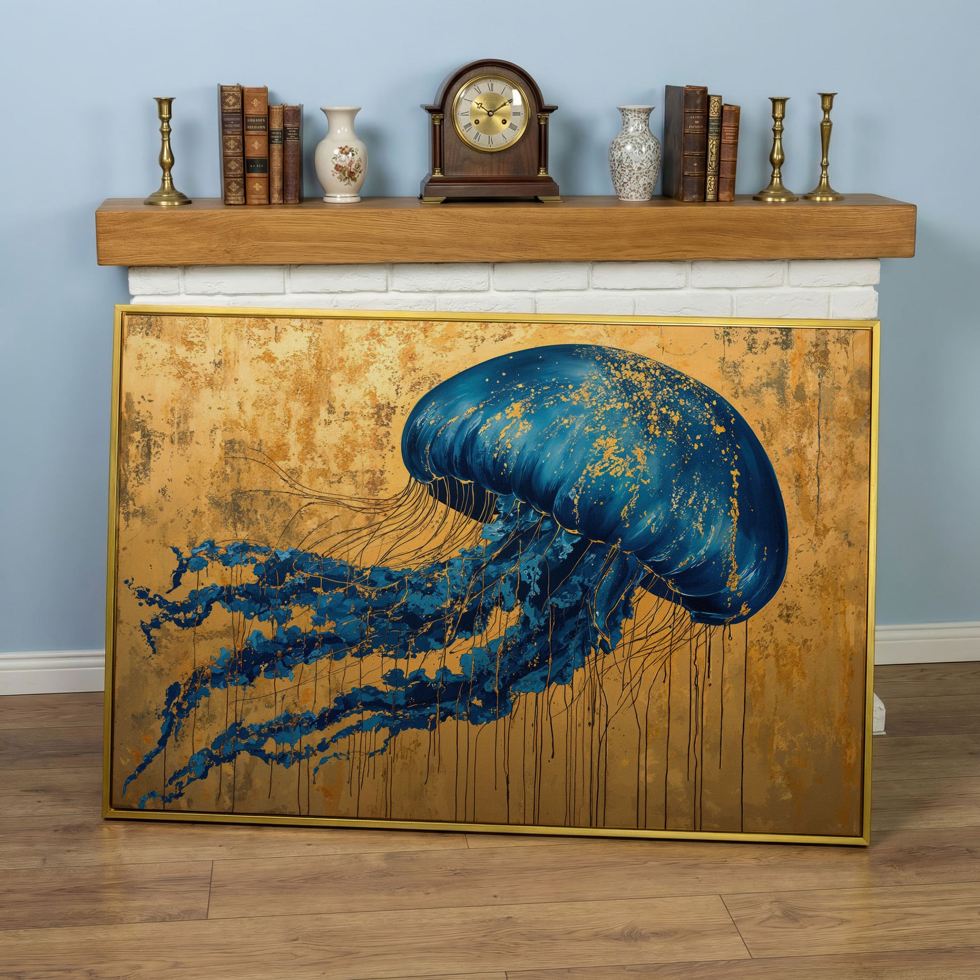 Blue Jellyfish with Gold Accents Canvas Art in yellow gold floating frame