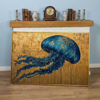 Blue Jellyfish with Gold Accents Canvas Art in yellow gold floating frame
