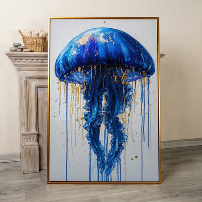 Blue Jellyfish Fantasy Canvas Print in antique gold floating frame