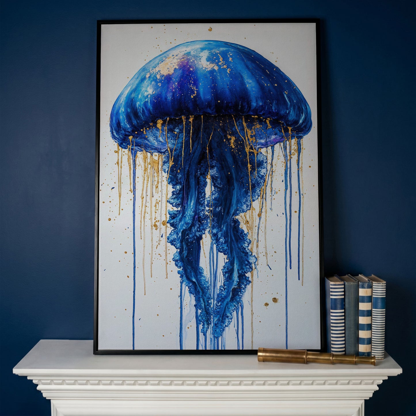 Blue Jellyfish Fantasy Canvas Print in black floating frame