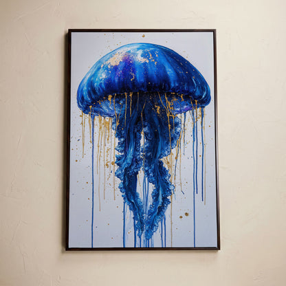 Blue Jellyfish Fantasy Canvas Print in dark walnut floating frame