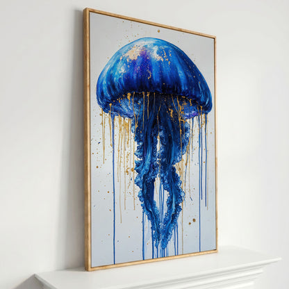 Blue Jellyfish Fantasy Canvas Print in white oak floating frame