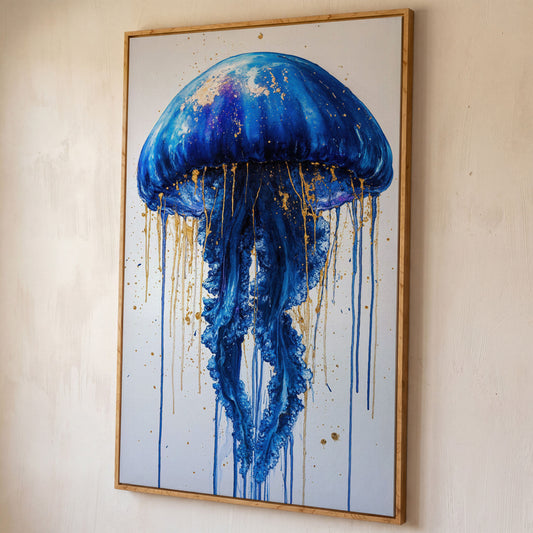 Blue Jellyfish Fantasy Canvas Print shown in white oak floating frame
