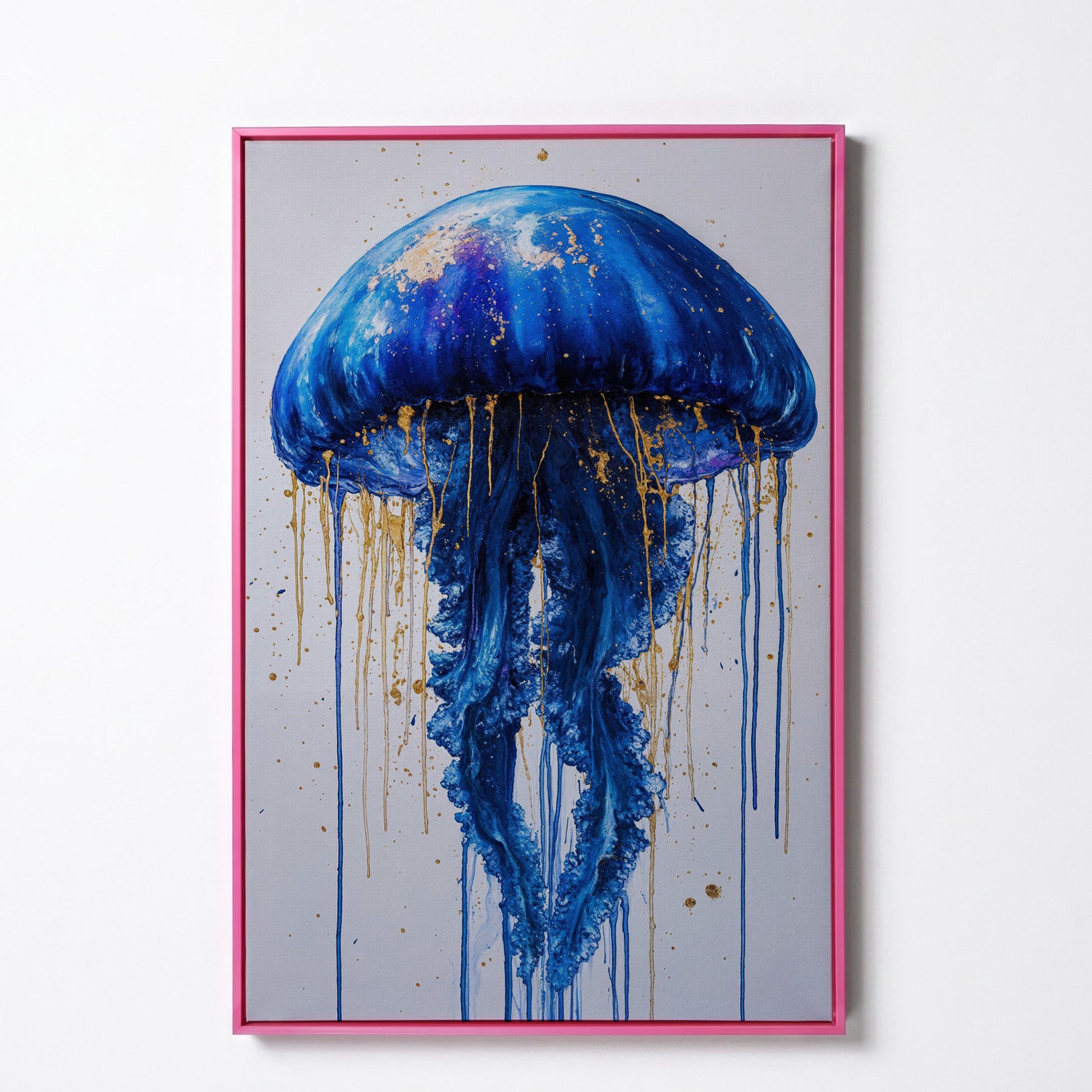 Blue Jellyfish Fantasy Canvas Print in pink floating frame