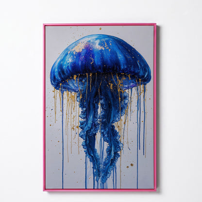Blue Jellyfish Fantasy Canvas Print in pink floating frame