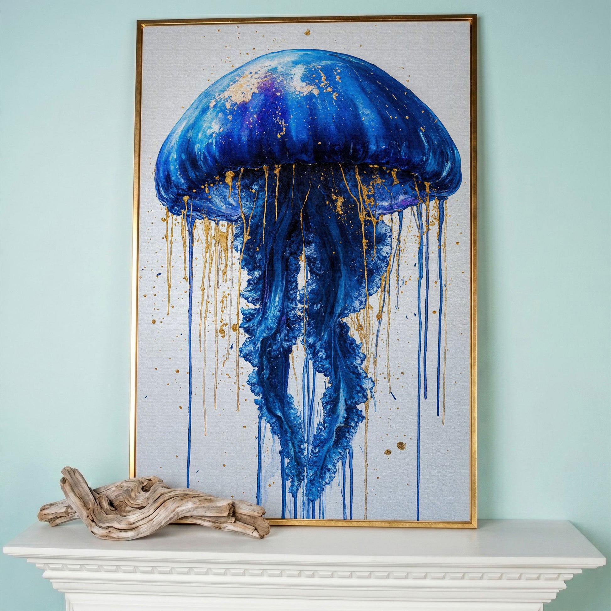 Blue Jellyfish Fantasy Canvas Print in rose gold floating frame