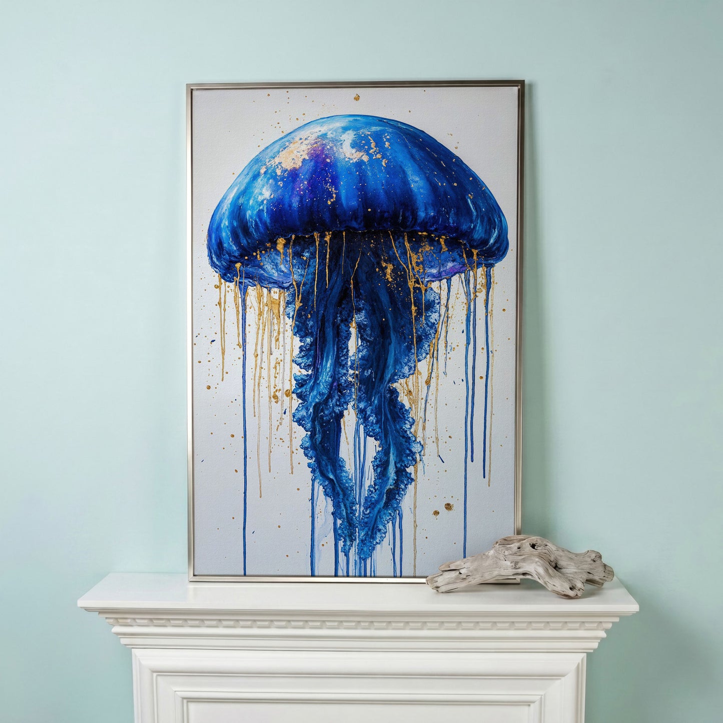 Blue Jellyfish Fantasy Canvas Print in silver floating frame