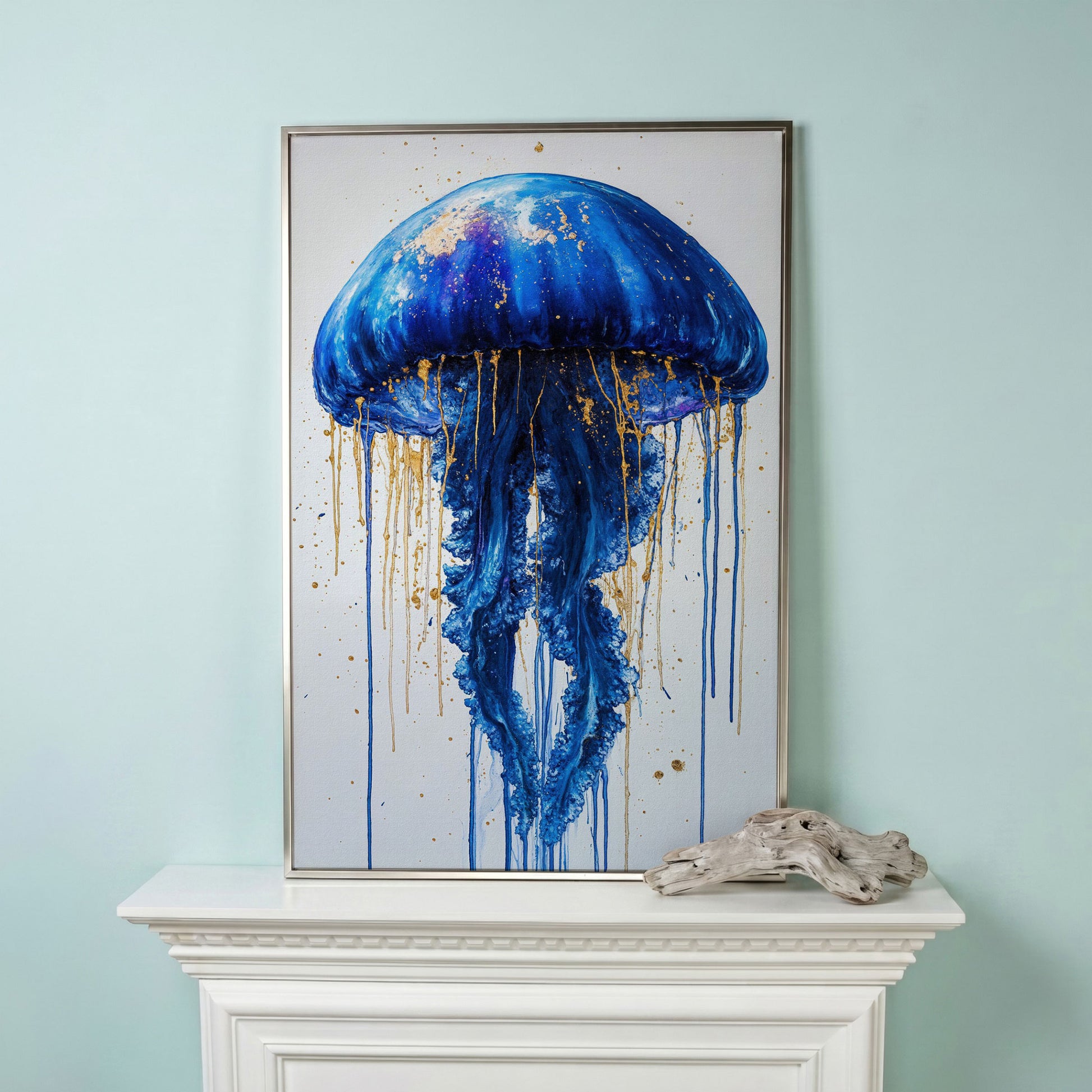 Blue Jellyfish Fantasy Canvas Print in silver floating frame