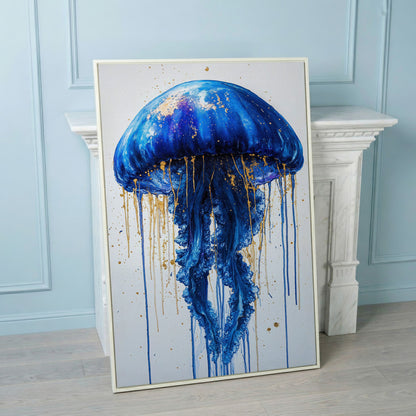Blue Jellyfish Fantasy Canvas Print in white floating frame