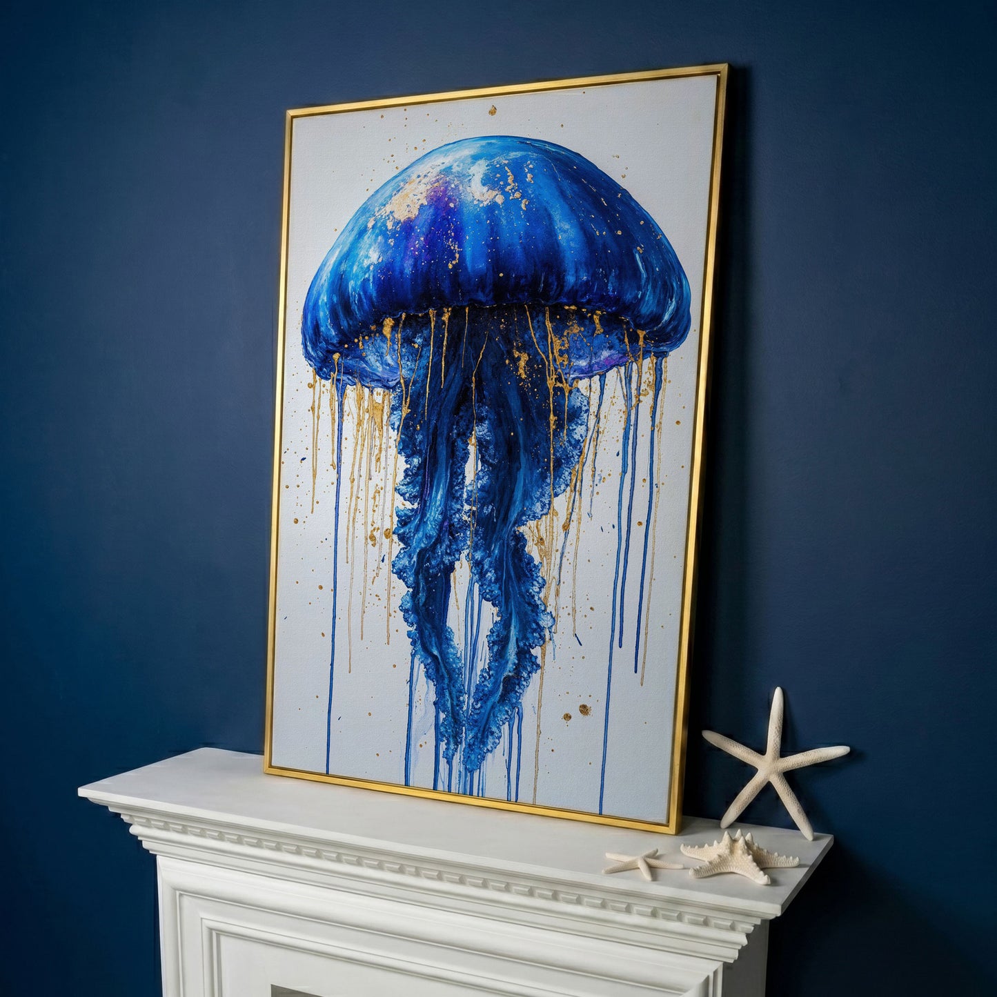 Blue Jellyfish Fantasy Canvas Print in yellow gold floating frame