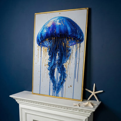 Blue Jellyfish Fantasy Canvas Print in yellow gold floating frame