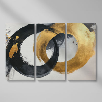 Black and Gold Circles Canvas Print as 3-panel split version
