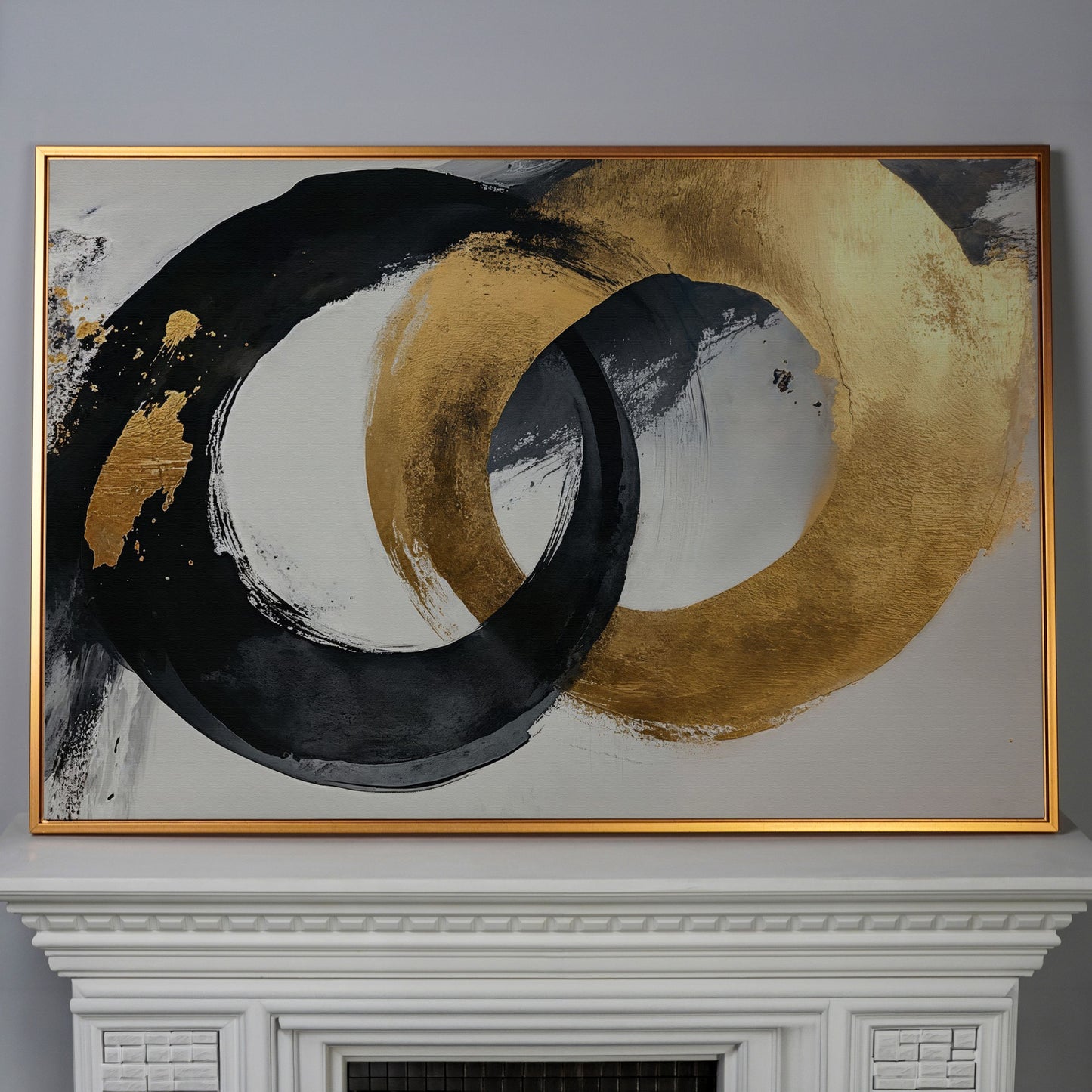 Black and Gold Circles Canvas Print in antique gold floating frame