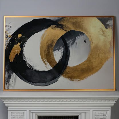 Black and Gold Circles Canvas Print in antique gold floating frame