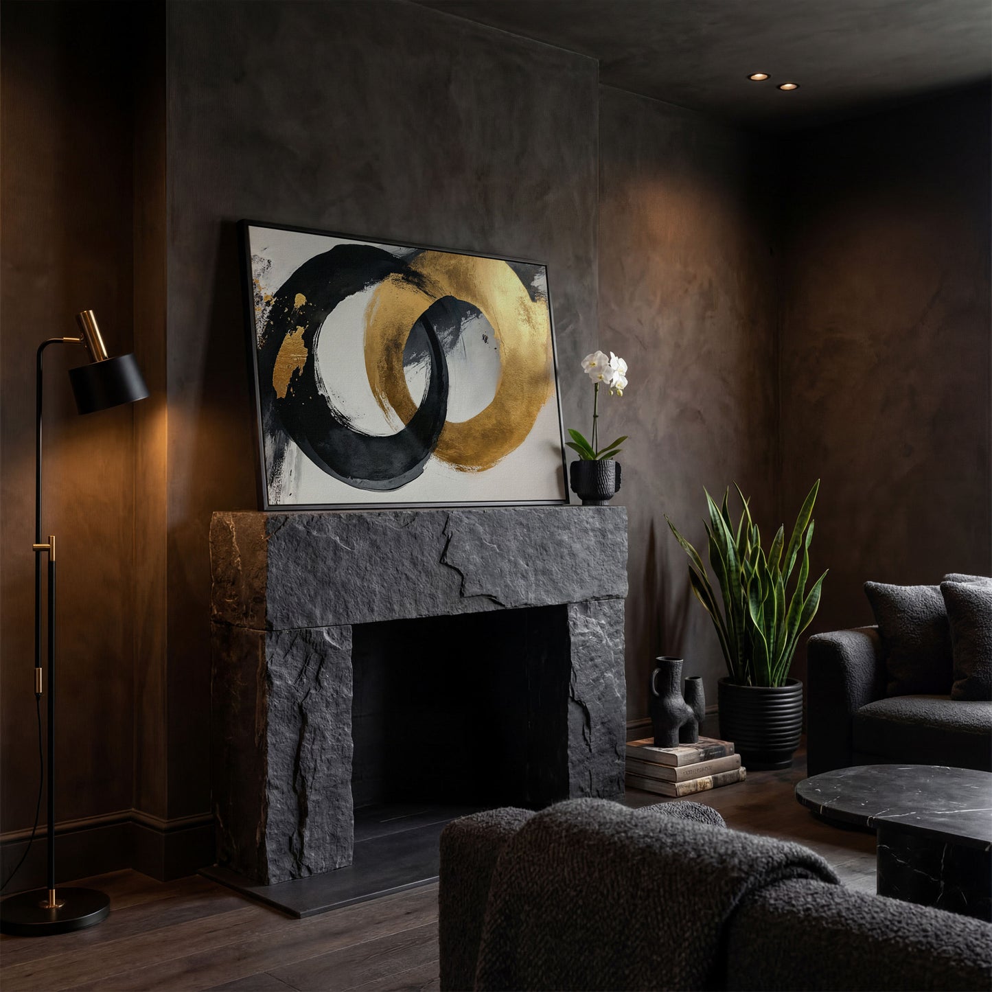 Black and Gold Circles Canvas Print in black floating frame