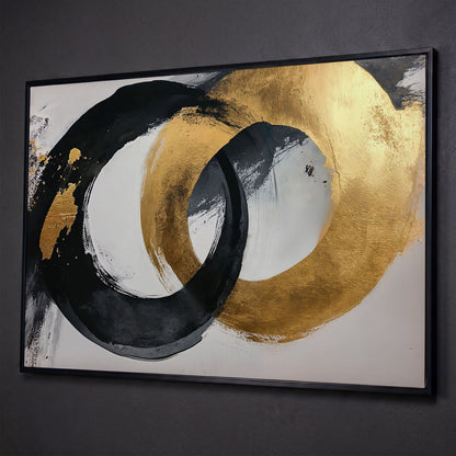 Black and Gold Circles Canvas Print shown in black floating frame