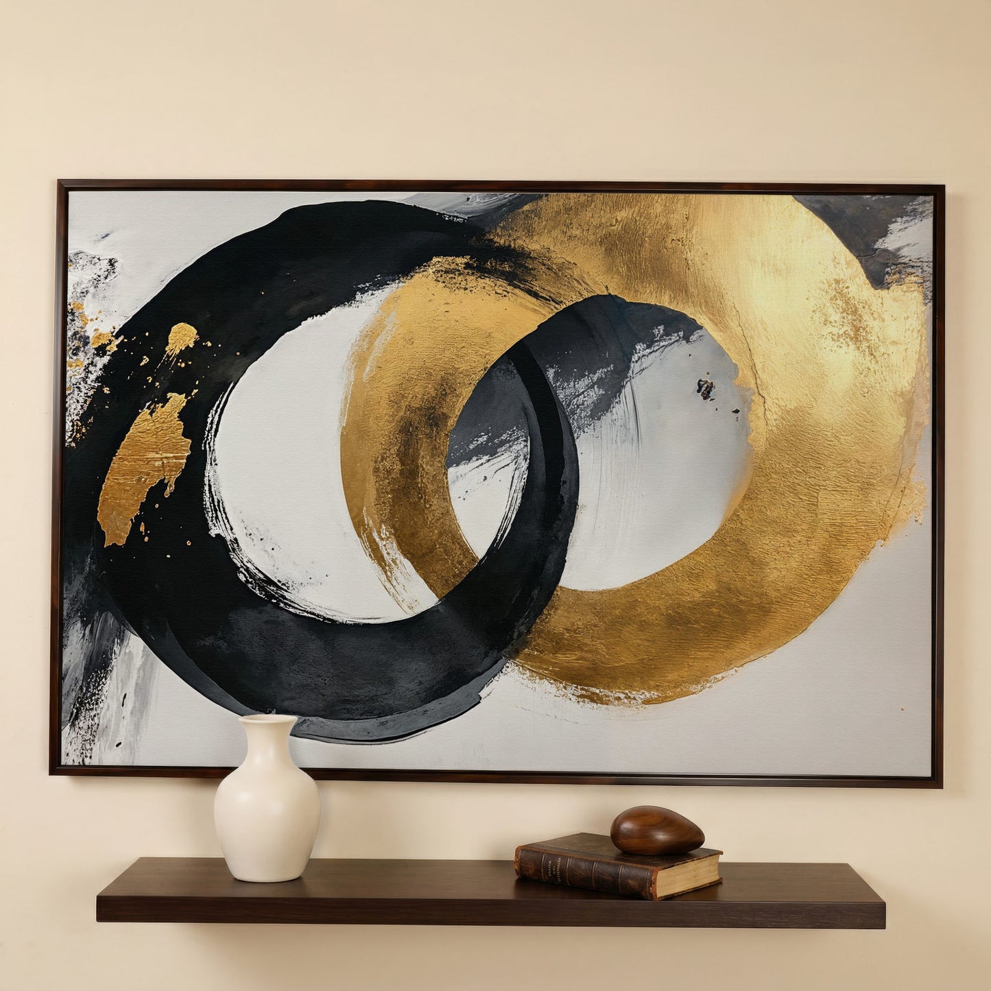 Black and Gold Circles Canvas Print in dark walnut floating frame