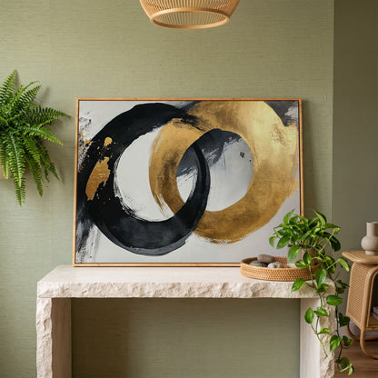 Black and Gold Circles Canvas Print in white oak floating frame