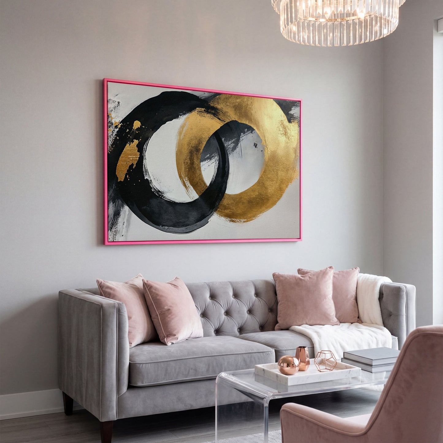 Black and Gold Circles Canvas Print in pink floating frame