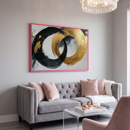 Black and Gold Circles Canvas Print in pink floating frame