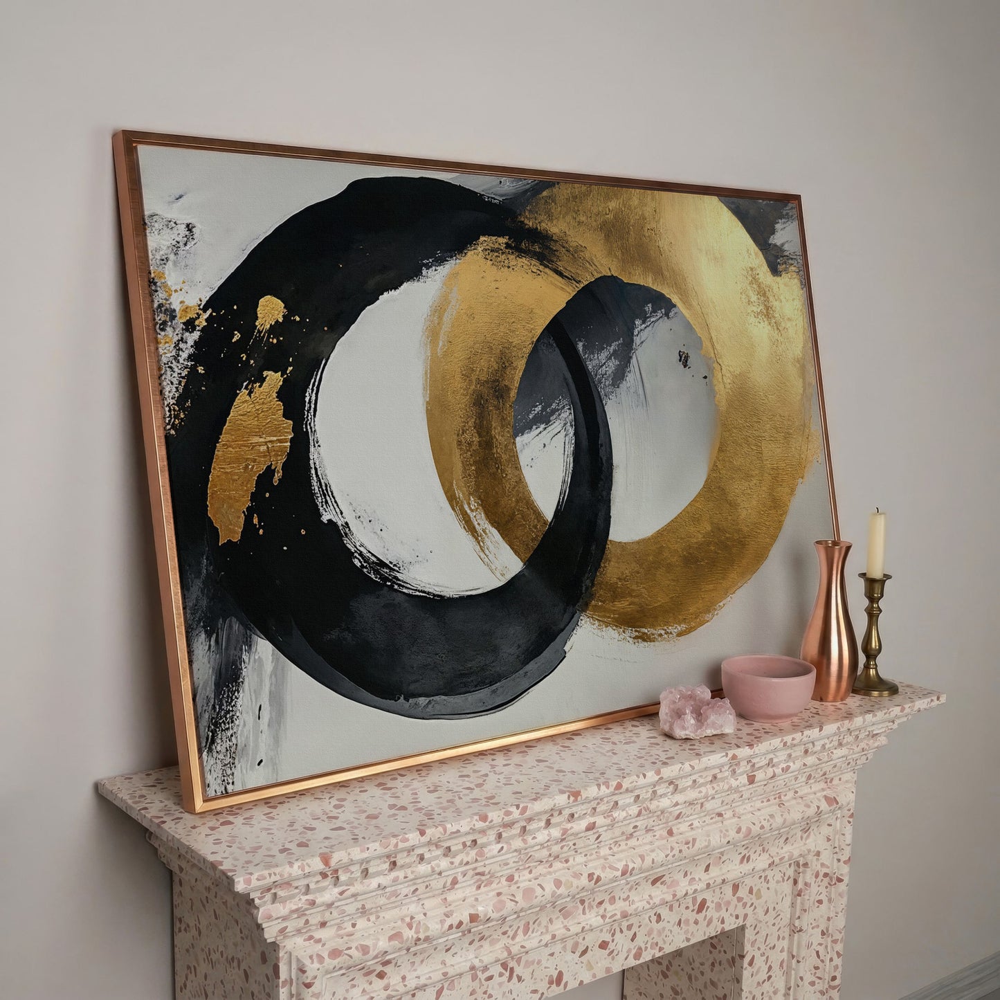 Black and Gold Circles Canvas Print in rose gold floating frame
