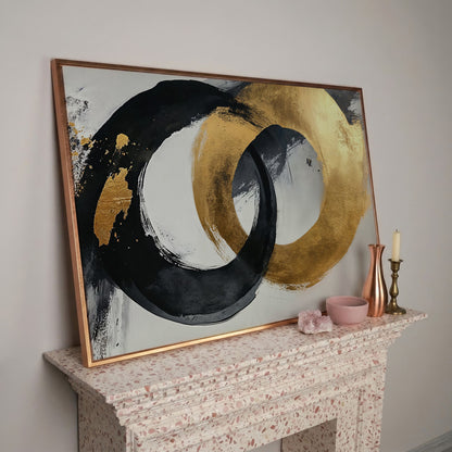 Black and Gold Circles Canvas Print in rose gold floating frame