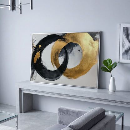 Black and Gold Circles Canvas Print in silver floating frame