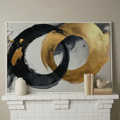 Black and Gold Circles Canvas Print in white floating frame