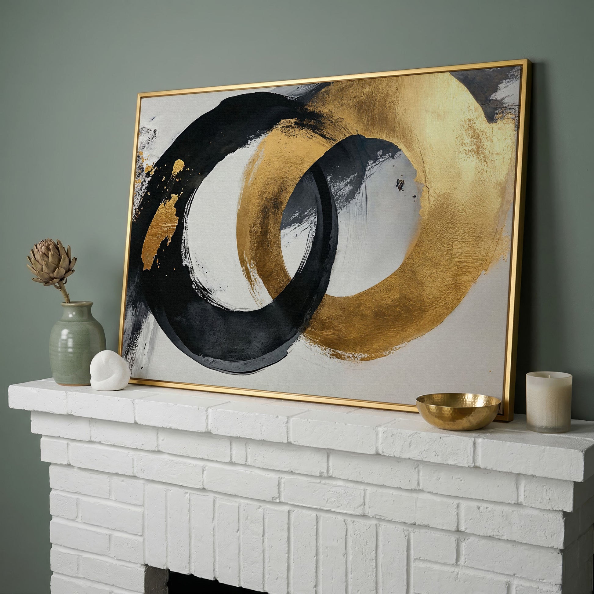 Black and Gold Circles Canvas Print in yellow gold floating frame