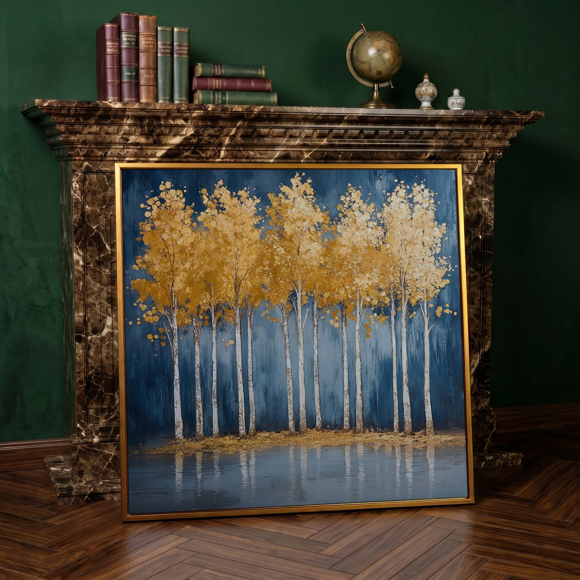 Golden Leaves Forest Pond Canvas in antique gold floating frame
