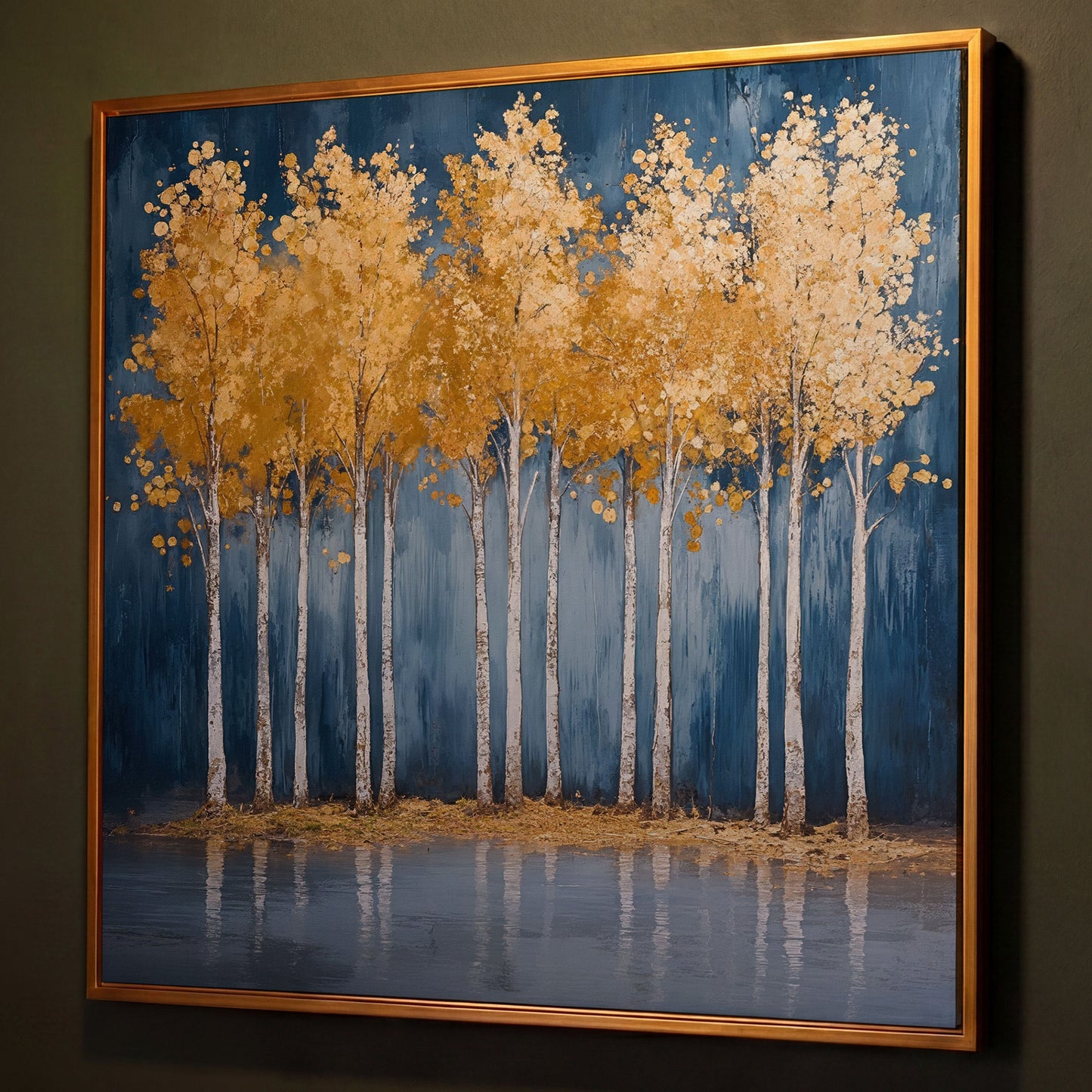 Golden Leaves Forest Pond Canvas shown in antique gold floating frame