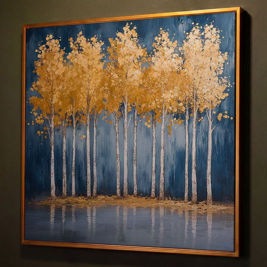 Golden Leaves Forest Pond Canvas shown in antique gold floating frame