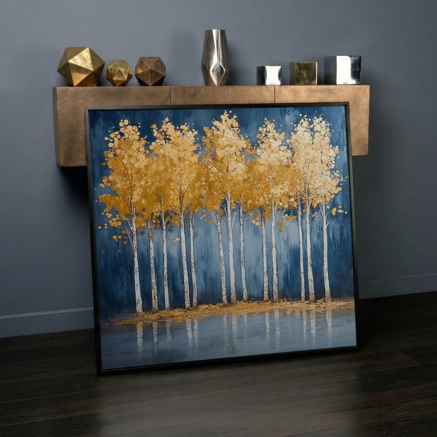 Golden Leaves Forest Pond Canvas in black floating frame